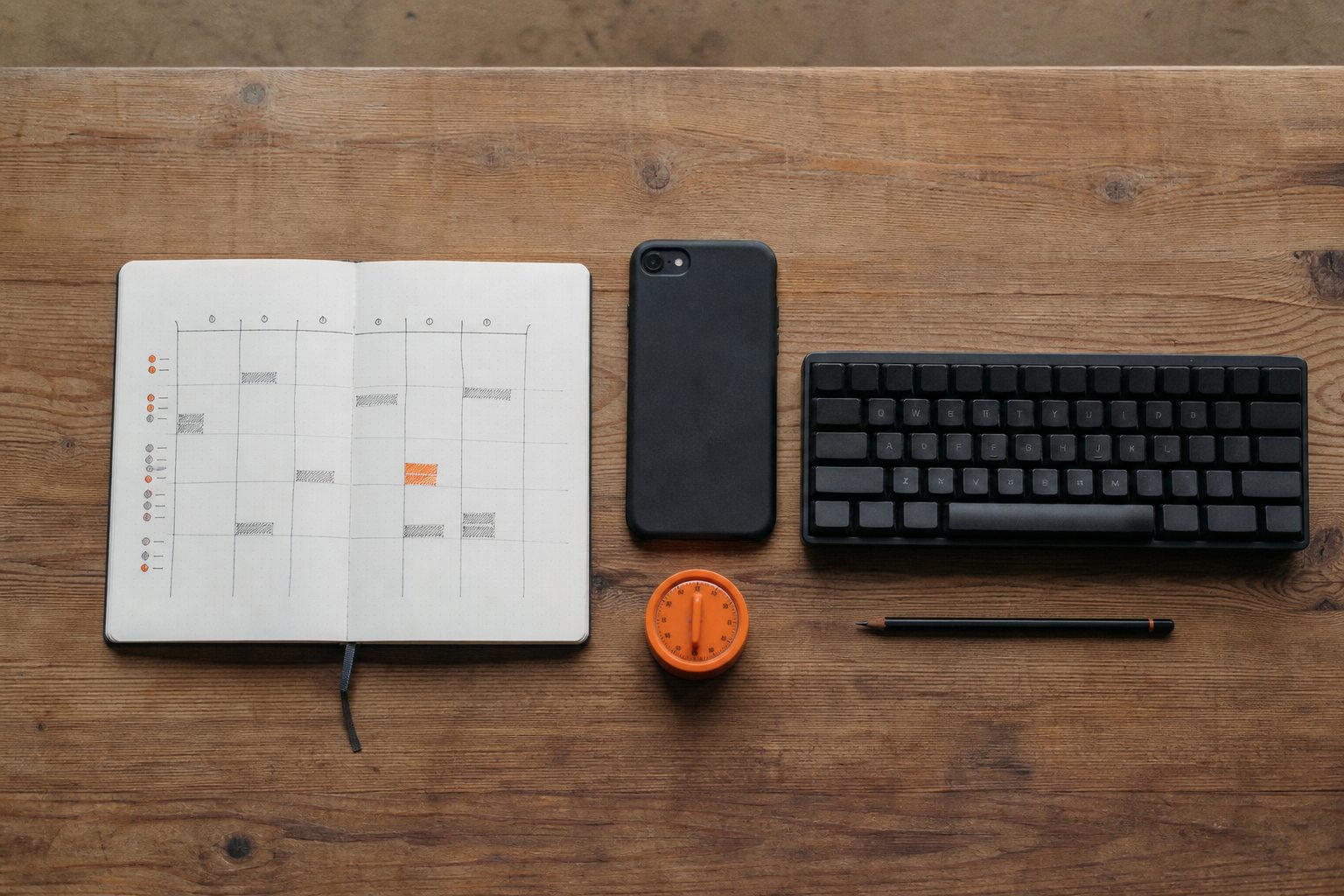 Offenes Wochenheft, umgedrehtes Smartphone, Tastatur und orangefarbener Timer auf einem Holztisch