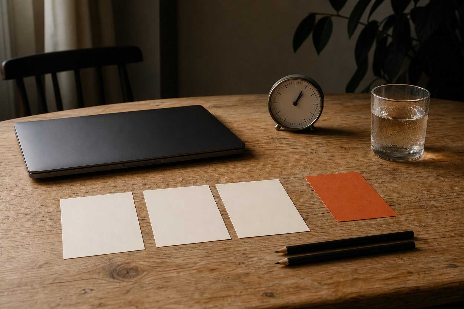 Geschlossener Laptop, analoge Uhr, leere Karten und schwarze Stifte auf einem Arbeitstisch